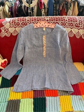 Sailor Rose Luxury Cotton  Blue Pinstripe Peasant Blouse with paisly